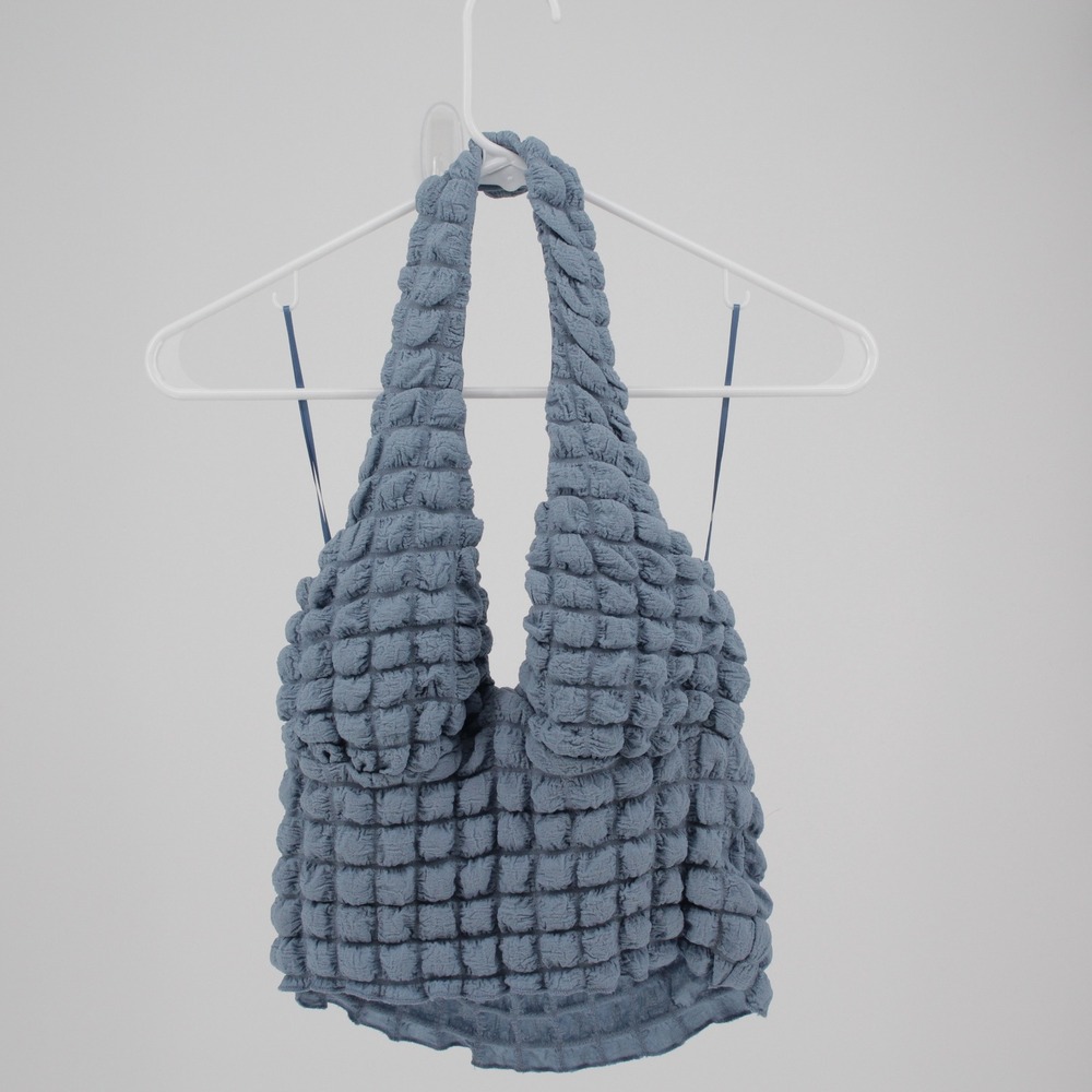 West of Melrose Women's Blue Popcorn Textured Halter Crop Top Size Small